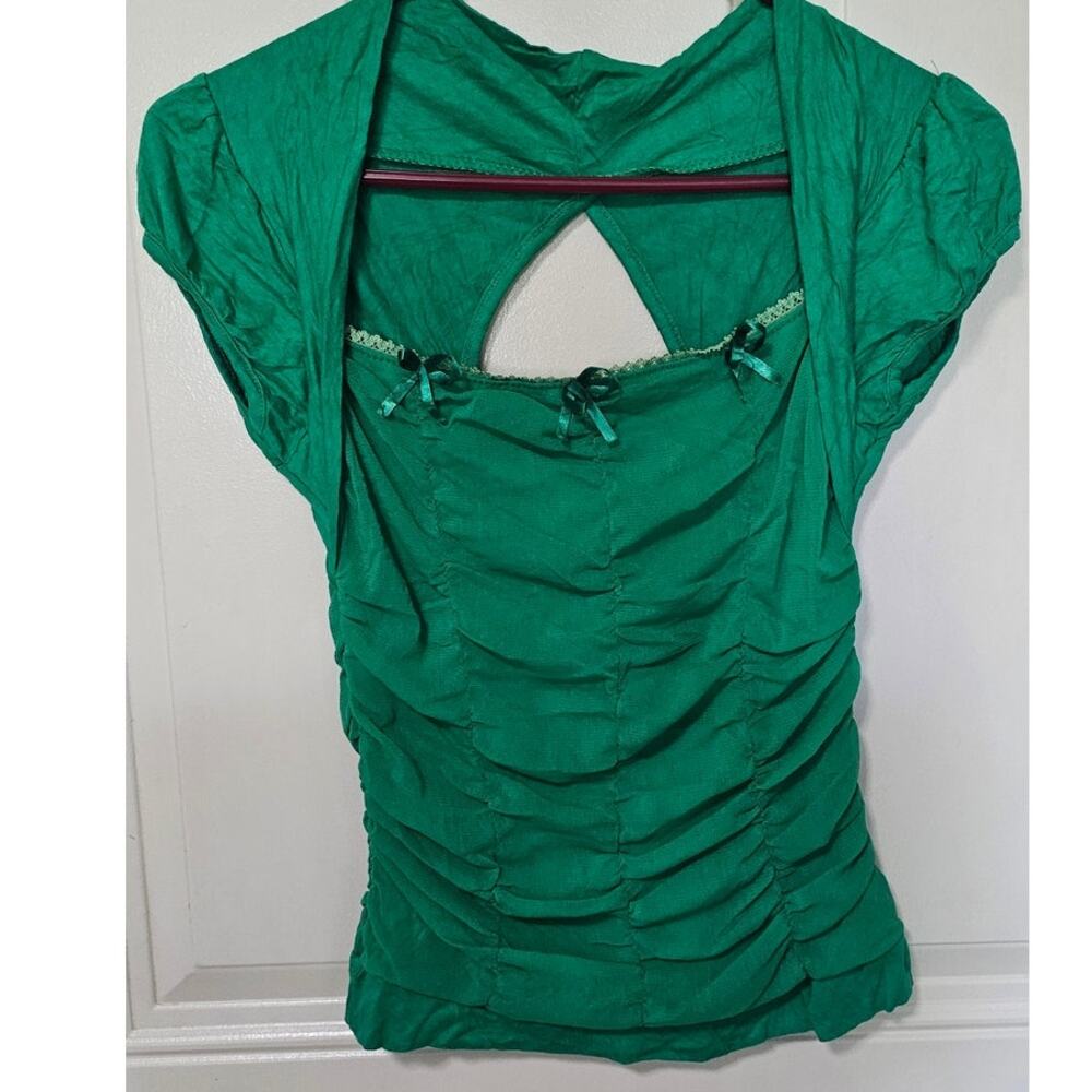 Y2K Stunning Emerald Green Ruched Milkmaid Top Cap Sleeve Bows